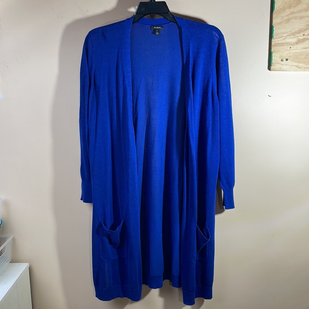 Halogen royal blue long open cardigan sweater w/ pockets